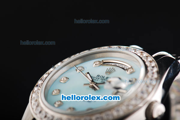 Rolex Day-Date Oyster Perpetual Chronometer Automatic Movement Light Blue MOP Dial with Diamond Bezel and Diamond Markers - Click Image to Close